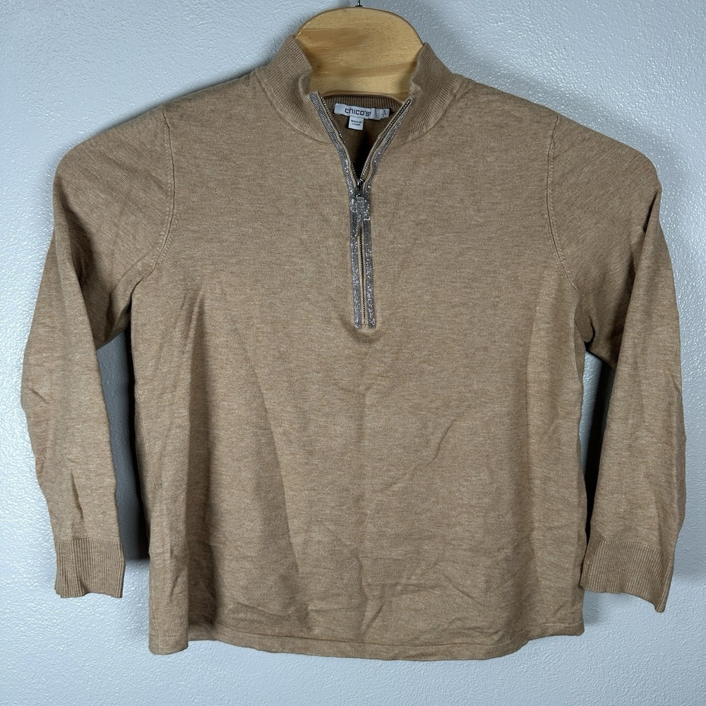 Chicos 1/4‎ Zip Pullover Sweater Womens 2/Large Beige Cashmere Blend Rhinestones